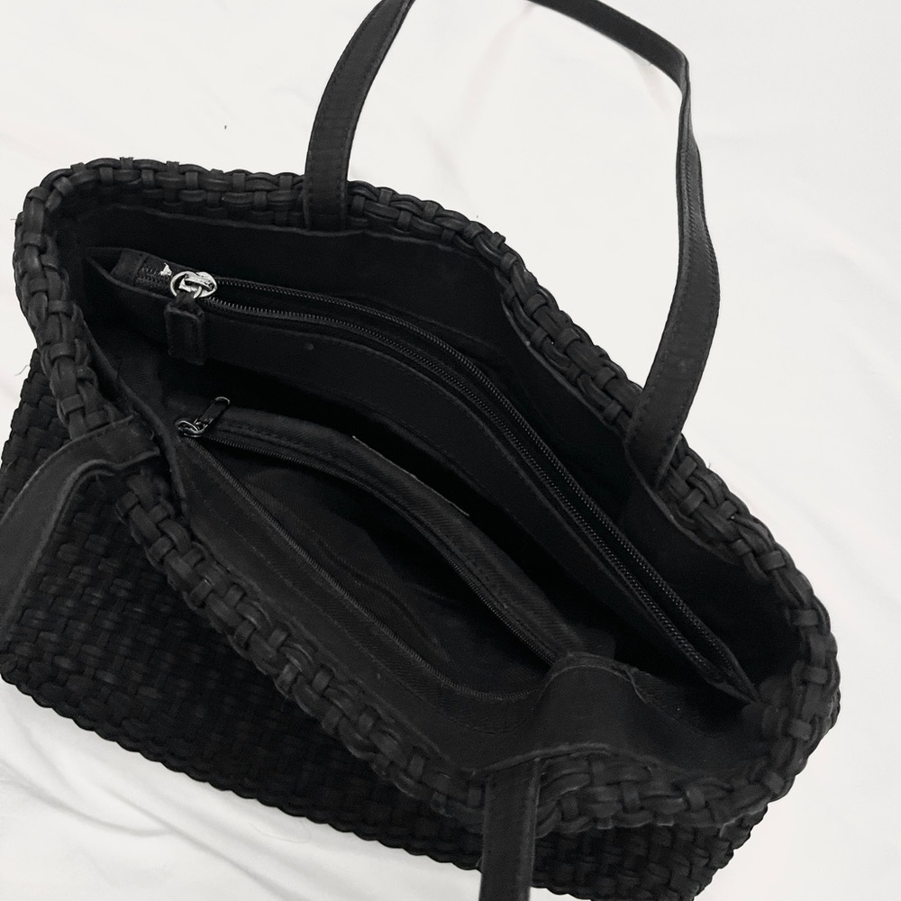 vintage 90s y2k style black woven double straps shoulder bag tote bag handbag - Picture 4 of 4